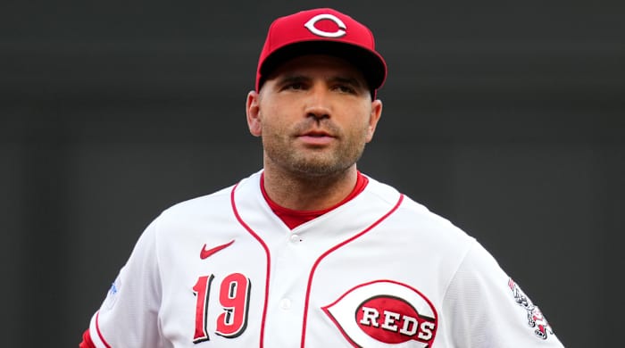 Former Reds first baseman Joey Votto reacts to a play.